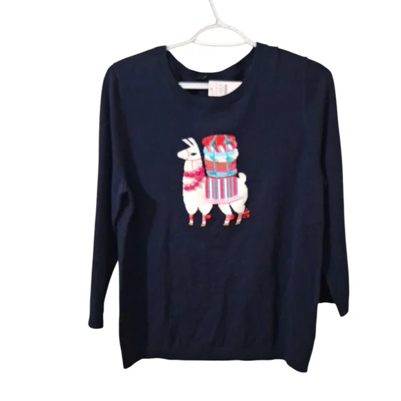 NWT Womens Talbots Dark Navy Blue Llama-Embellished Crewneck Sweater Sz L - Picture 3 of 12